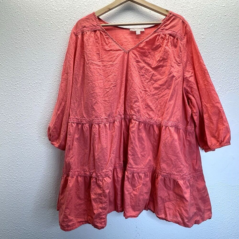 Woman Within coral  Chambray  Tunic Top 3/4 Sleeve casual v neck plus size 2X.